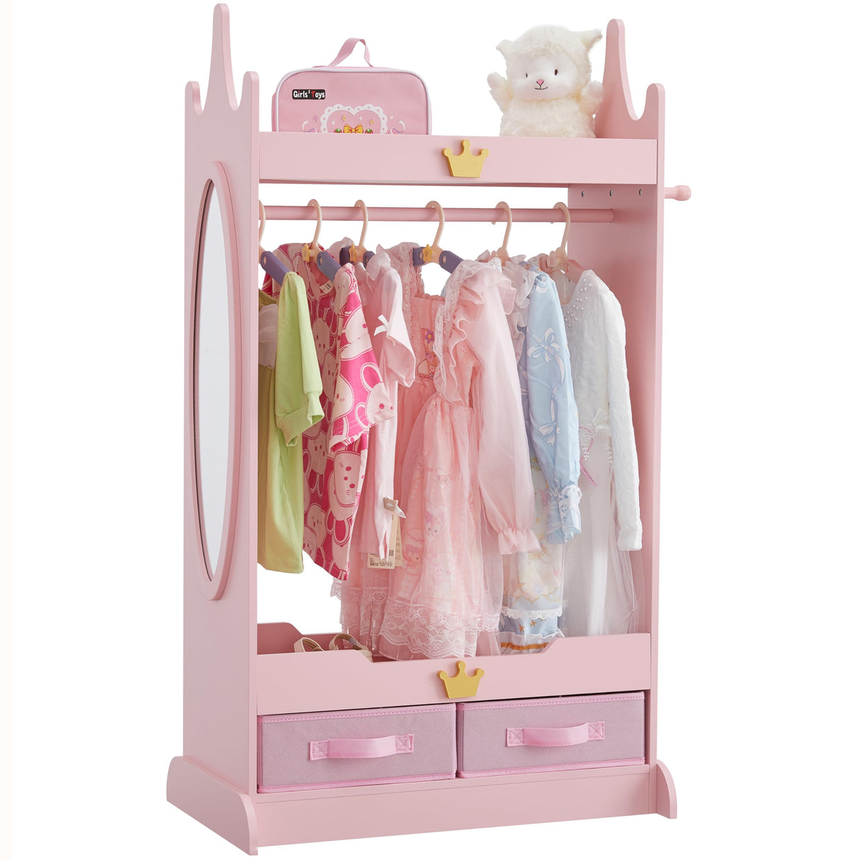 Kids Dress Up Storage with Mirror, Kids Armoire with Non-Woven Drawers