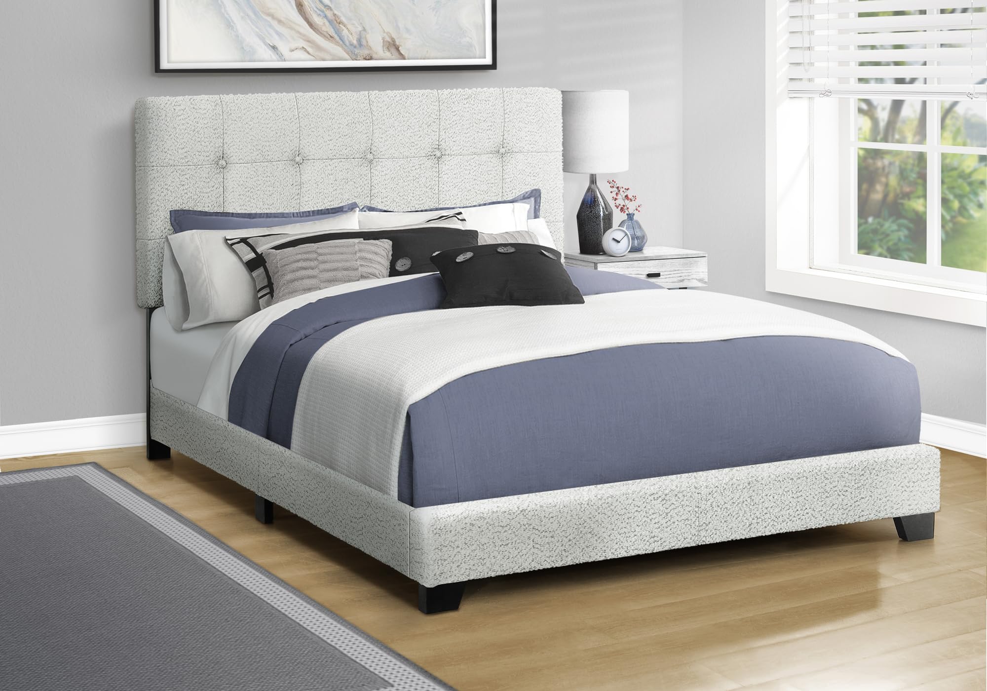 I 5801Q Bed, Queen Size, Upholstered, Frame Only, Bedroom, Light Grey Boucle