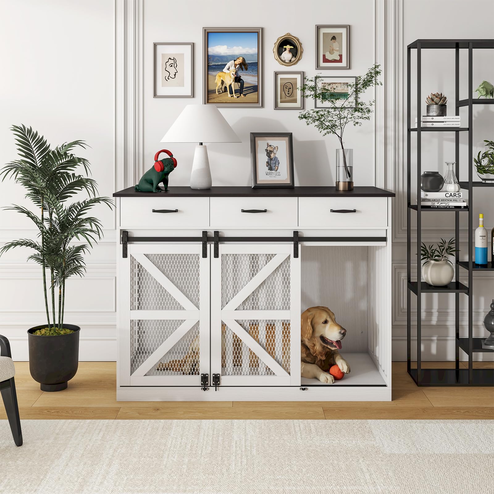 Farmhouse Dog Crate Furniture with Storage Drawers - Large Wooden Kennel & TV Stand