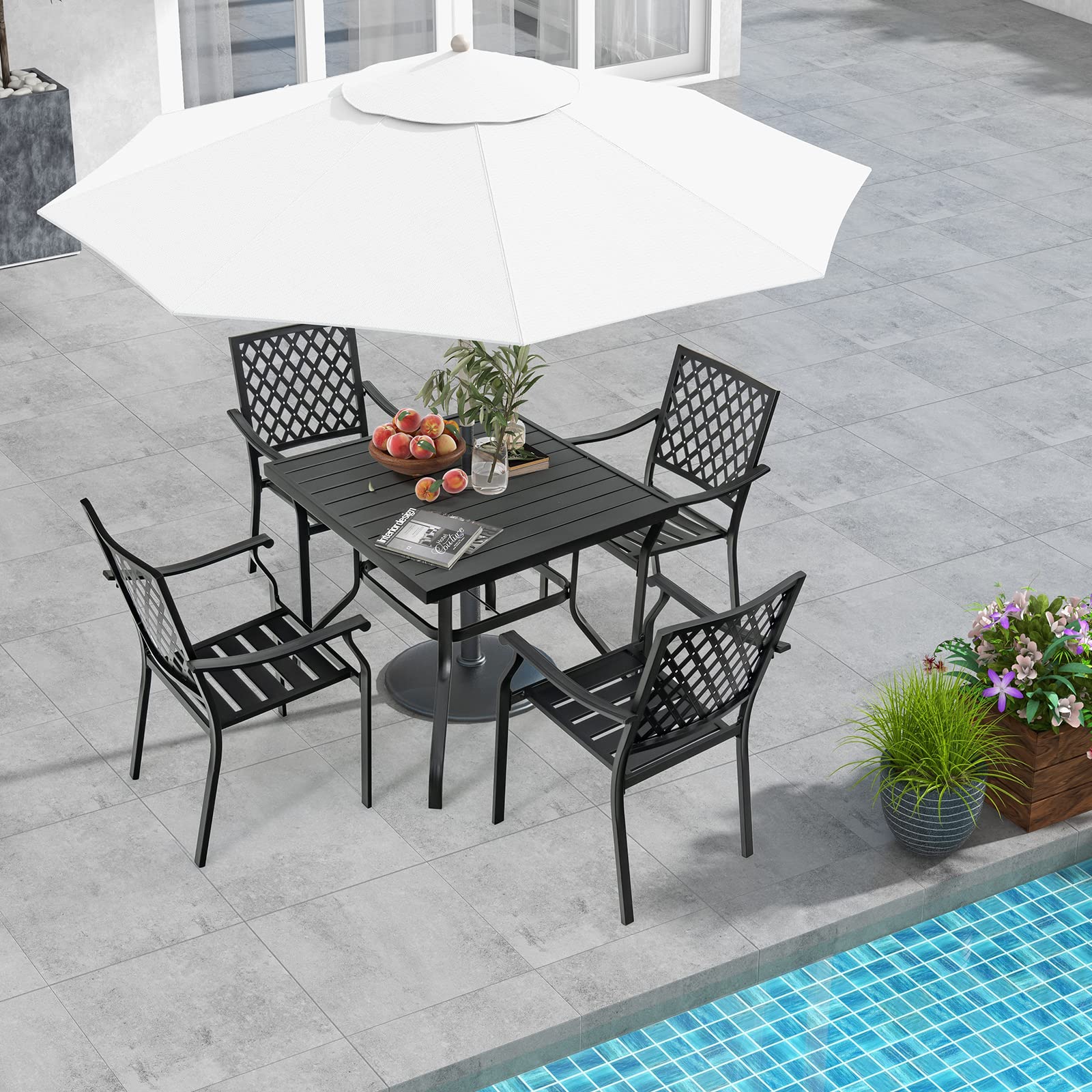 5 Pieces Metal Patio Dining Set, 37 Inches Square Dining Table with 4 Stackable Chairs