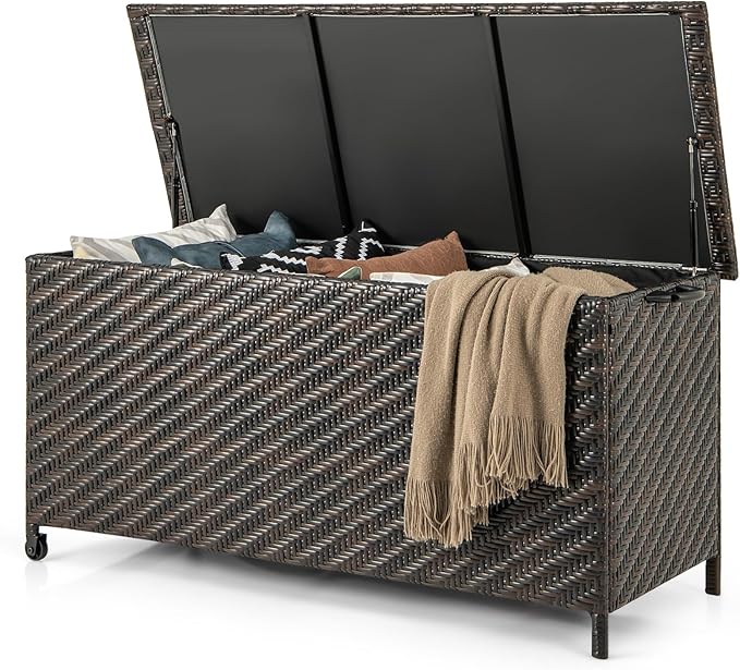 Tightly-Woven Rattan Deck Box, Patiojoy Storage Cabinet Container with Polyester Liner