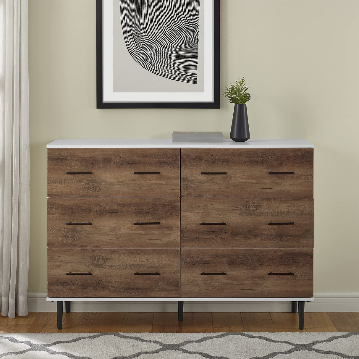 Walker Edison Mila Modern 6 Drawer Storage Buffet, 52 Inch, White and Rustic Oak