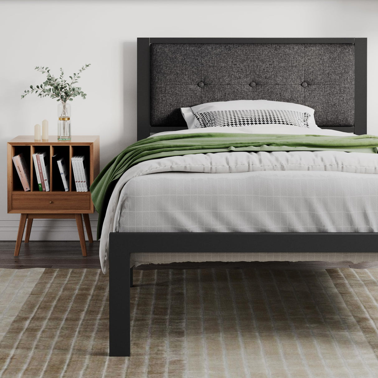 Twin Size Bed Frame with Upholstered Headboard, Platform Bed Frame with Metal Slats,