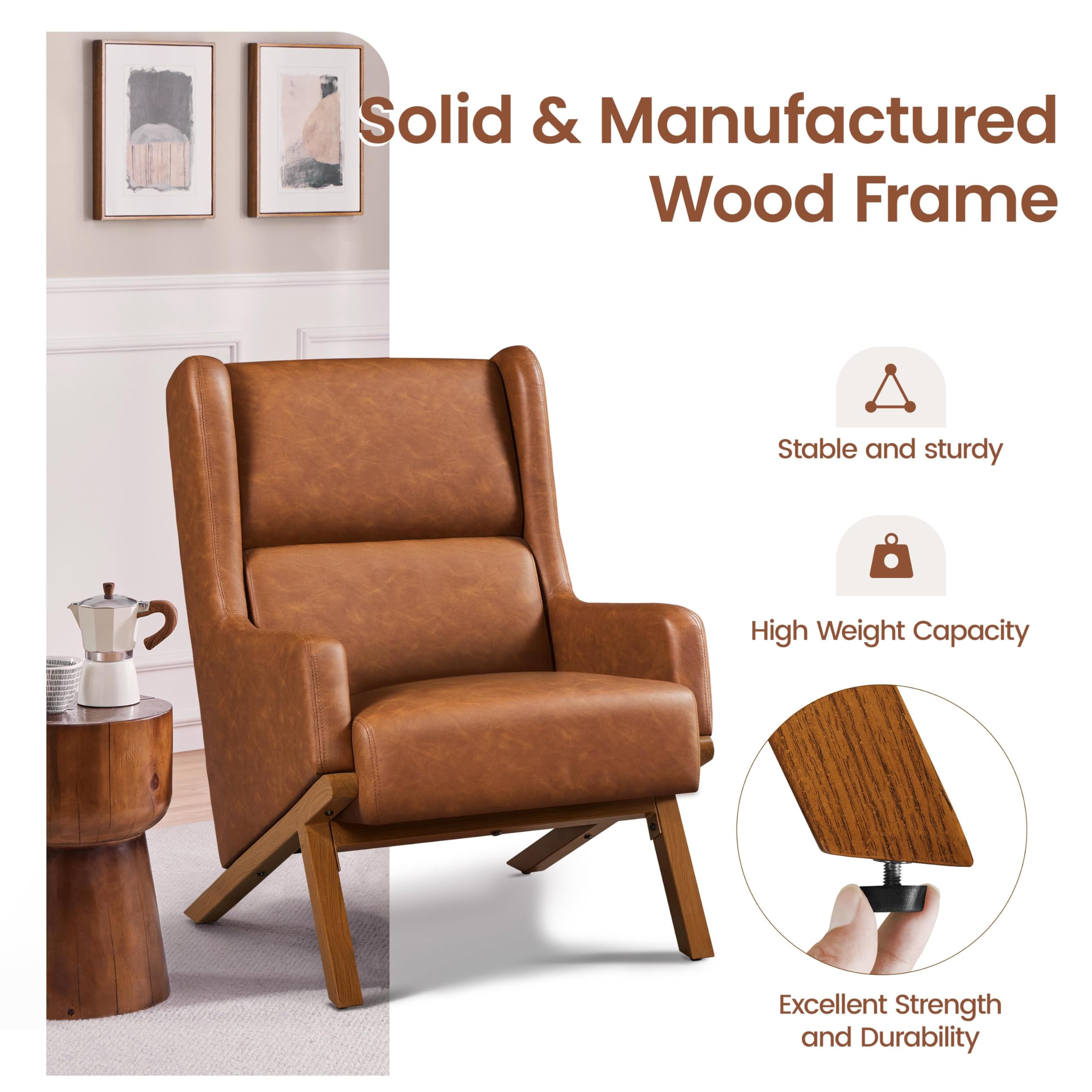 VeronaWing Retro Faux Leather Accent Chair – Tufted Back with High Backrest