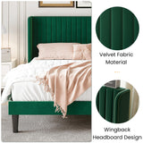 Queen Size Velvet Bed Frame with Vertical Channel Tufted Wingback Headboard,