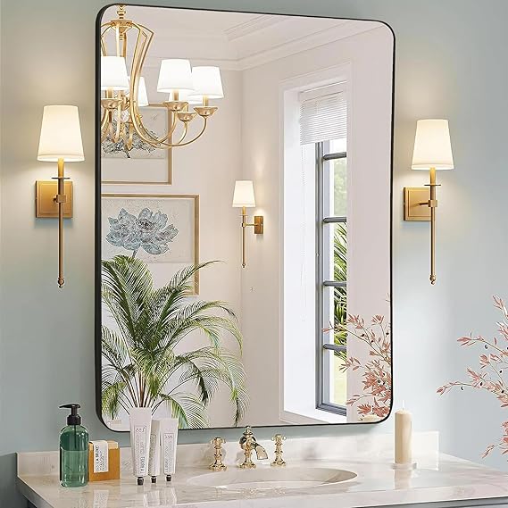 Black Framed Mirror for Bathroom, Rounded Rectangle Mirrors
