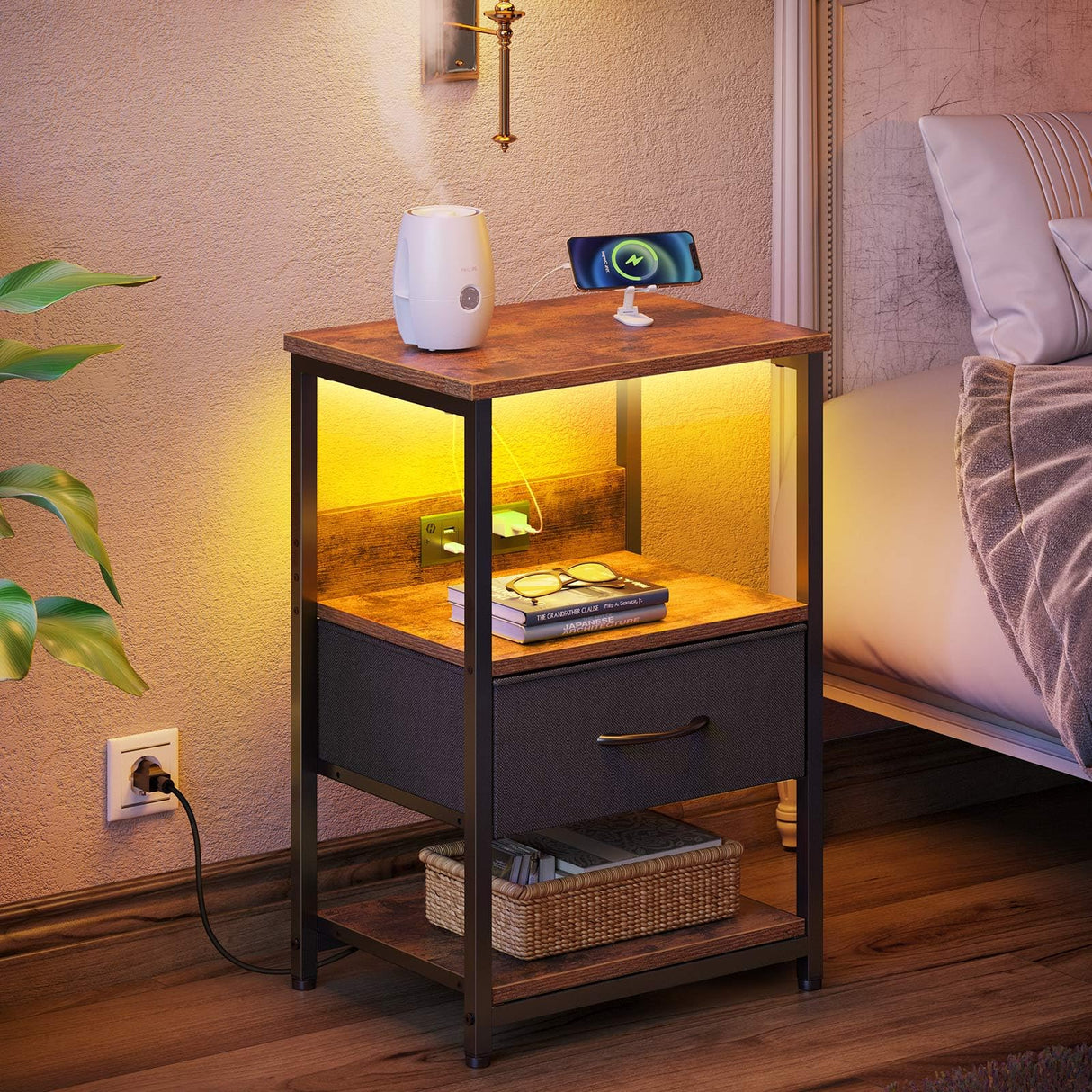 Nightstand Set of 2, LED Bedside Tables with Charging Station and Fabric Drawer, Night