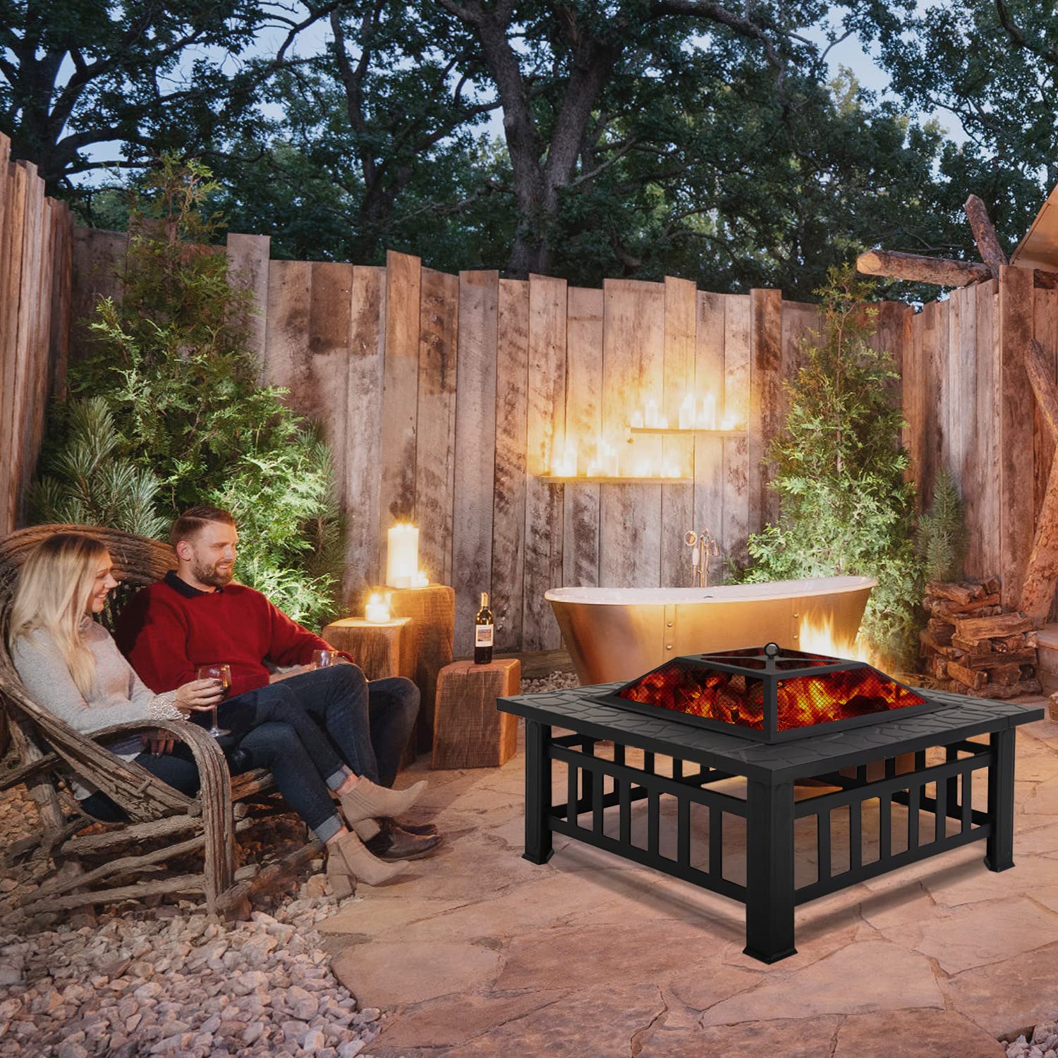 HCY 32" Fire Pit Table for Outside,Outdoor Fire Pit Square Wood Burning with Spark Screen Fire Poker for Camping,Backyard,Patio(Black) - Bircata