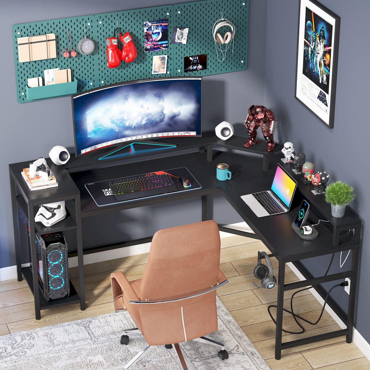 L-Shaped Gaming Desk with Power Outlets & LED Strips, L-Shaped Computer Desk