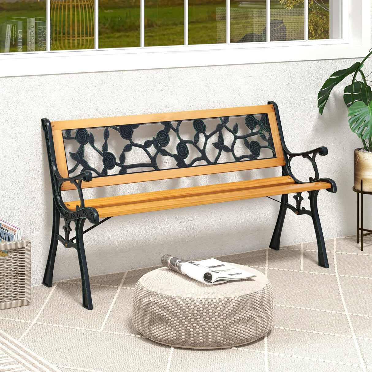 Outdoor Bench, 3-Person Park Bench with Slatted Seat, Curved Armrests, Floral Pattern