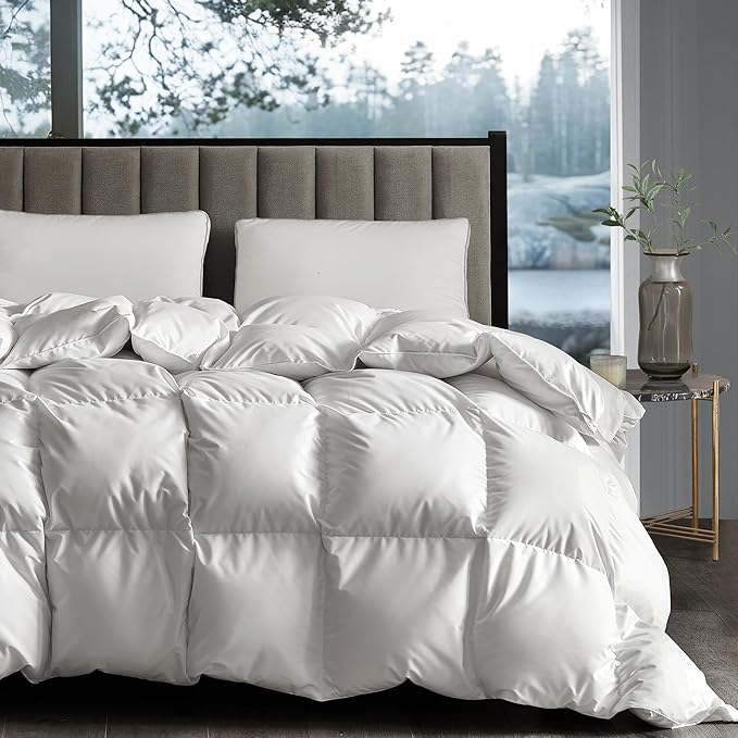 White Goose Down Fiber Comforter Queen, Extra Warmth Fluffy Goose Down Fiber