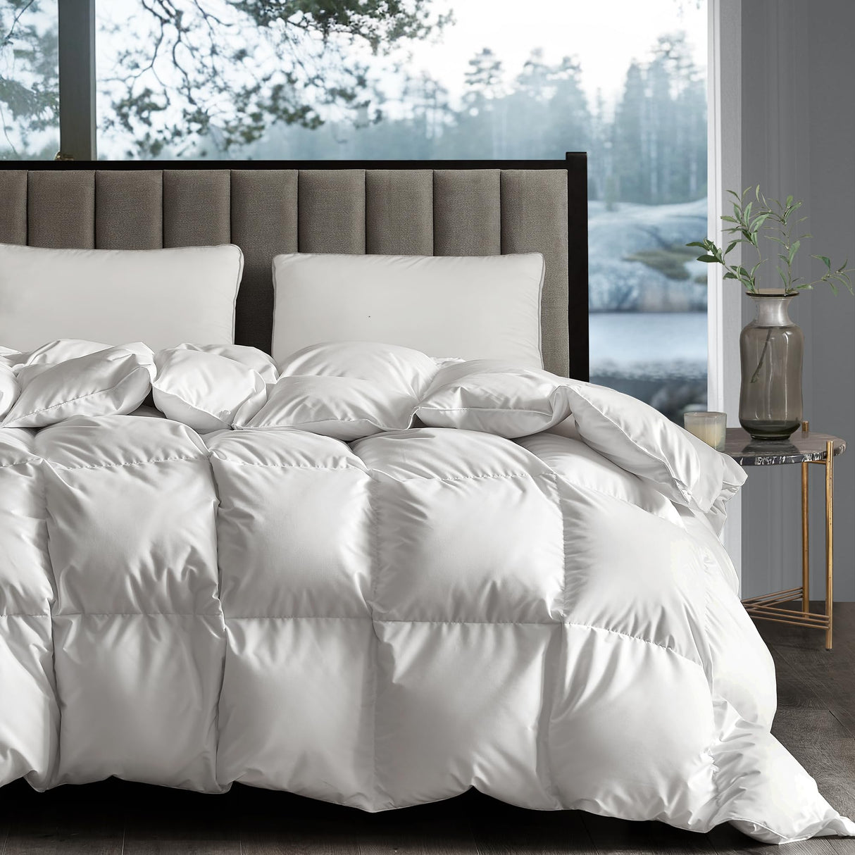 White Goose Down Fiber Comforter Queen, Extra Warmth Fluffy Goose Down Fiber