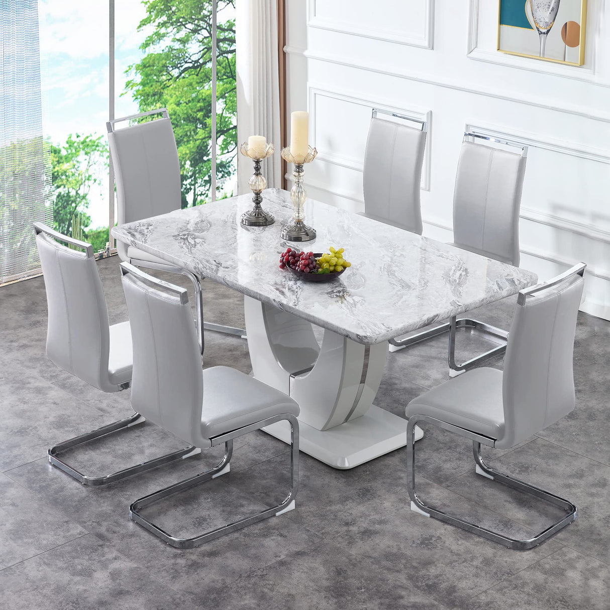 63" Morden Faux Marble Dining Room Table Set,Big Kitchen Dining Table for 6-8