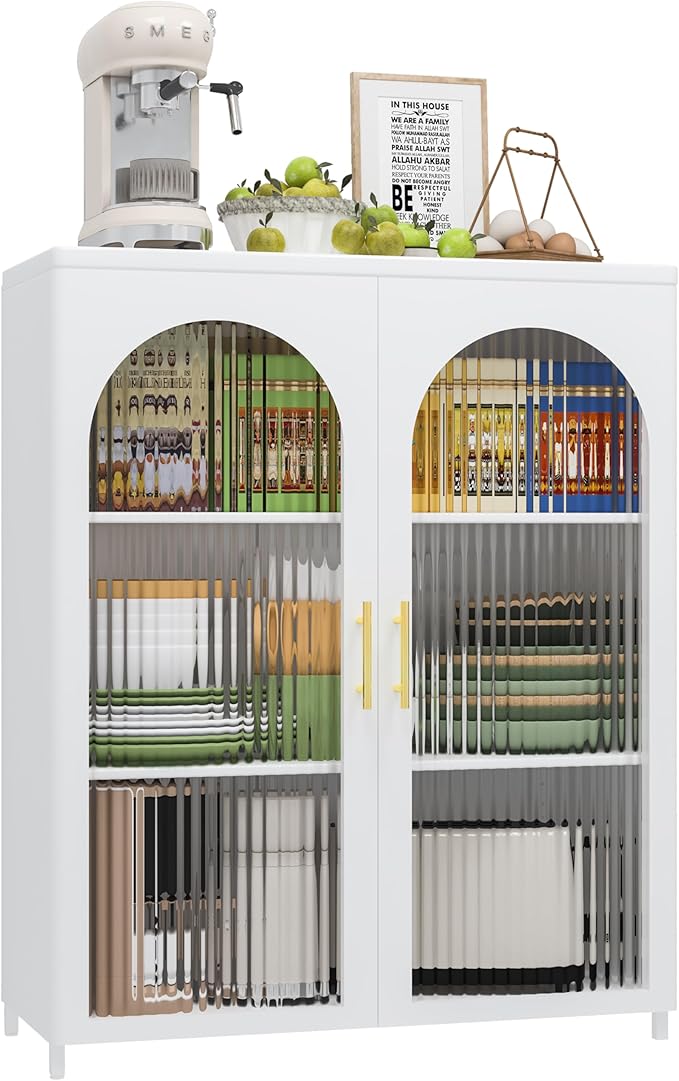 Kitchen Storage Cabinets,Black Storage Cabinet with Glass Doors and Shelves