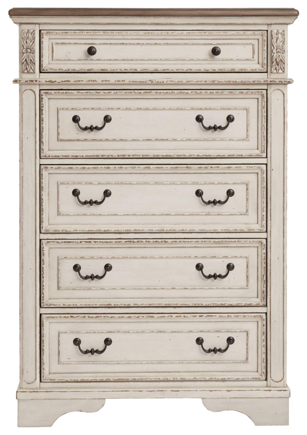 Realyn French Country Two Tone 5 Drawer Chest of Drawers, Chipped White