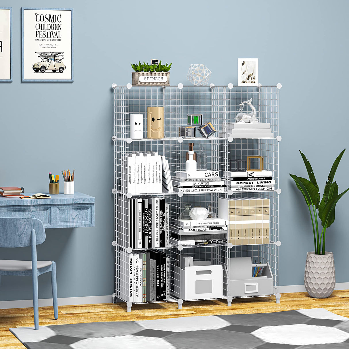 Wire Cube Storage, Metal Grids Shelves Bookshelf, Stackable Modular Shelving Organizer, DIY Closet Bookcase Bookshelf, Grid Storage Shelf for Bedroom, Living Room, Office (White, 12 Cube)