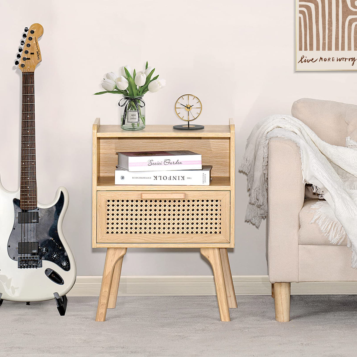 Rattan Nightstands Set of 2, Boho Side Table with Drawer Open Shelf