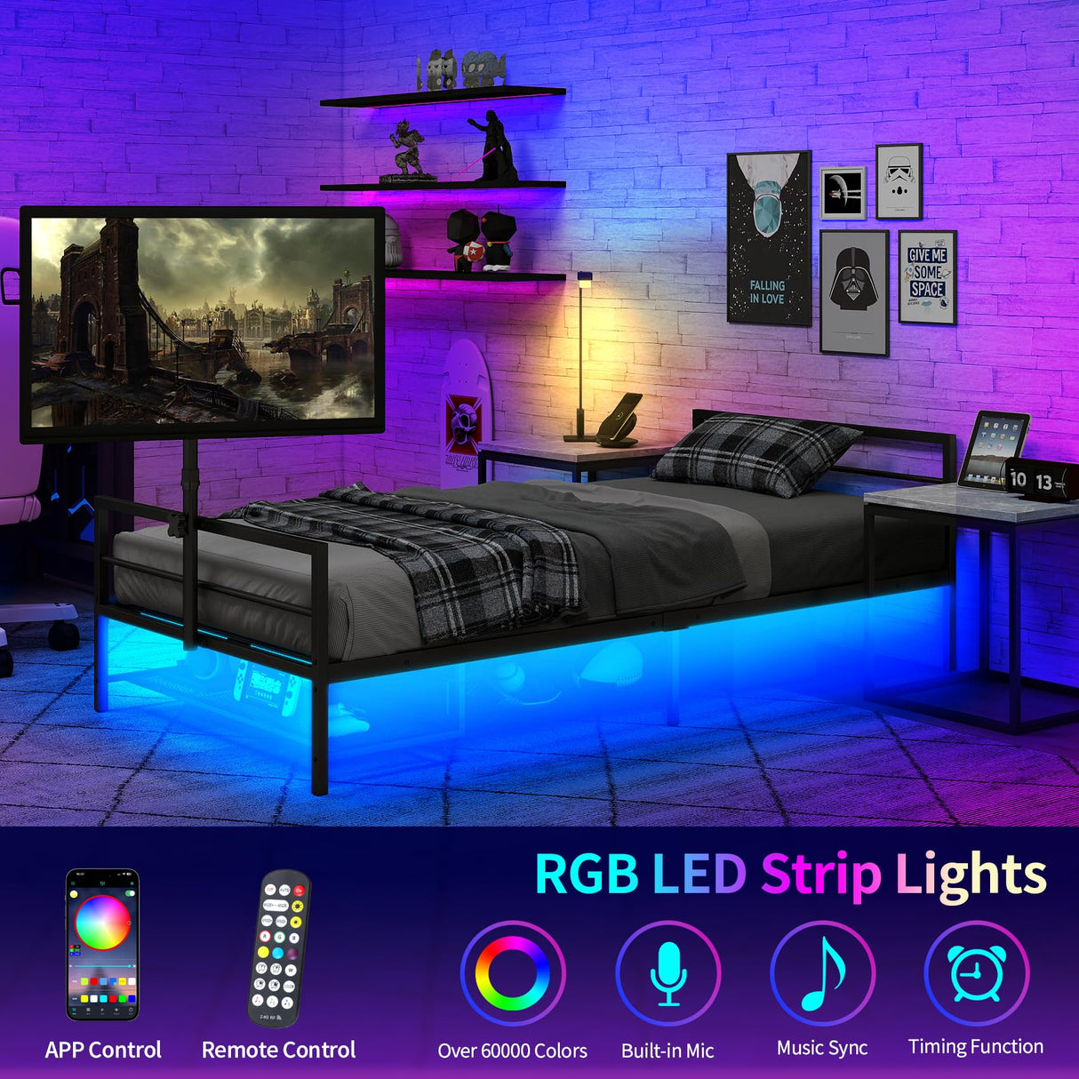 Twin Gaming Bed Frame with LED Lights & Rotating TV Mount