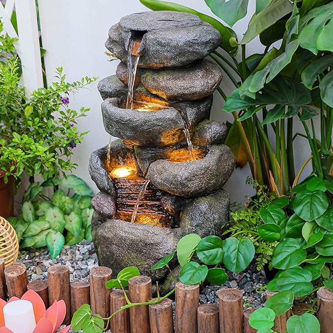 Water Features Outdoor Patio 6-Tier Cascading Rock Water Fountain 31.5''Water Fall