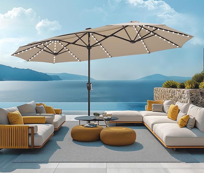 Double-Sided Patio Umbrella with Solar Lights, Outdoor Table Rectangular Umbrellas
