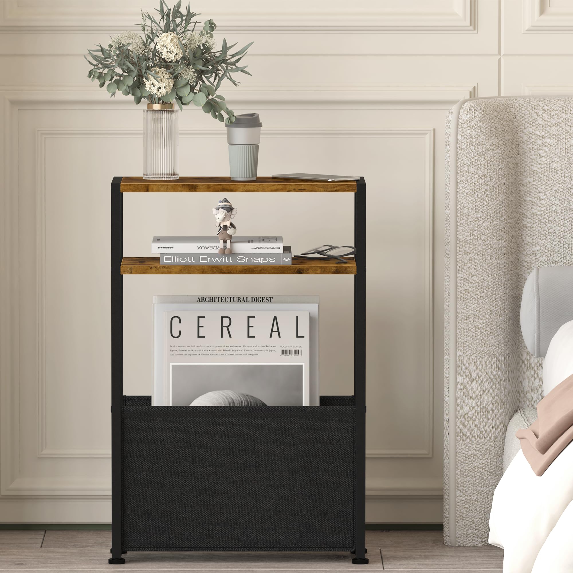 Narrow Side Table, Slim End Tables with Fabric Basket, Skinny Table for Small Spaces