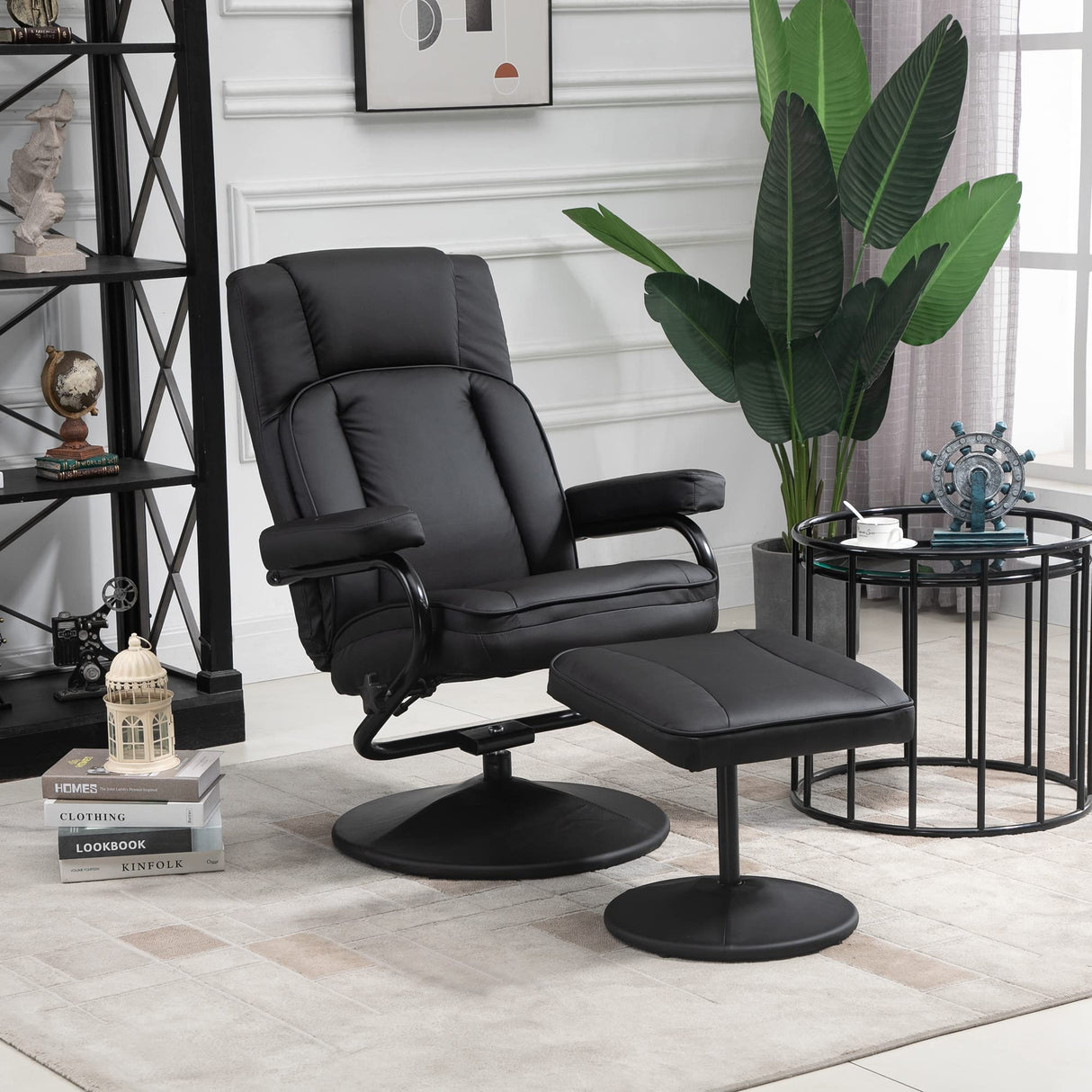 Swivel Recliner, Manual PU Leather Armchair with Ottoman Footrest for Living Room,