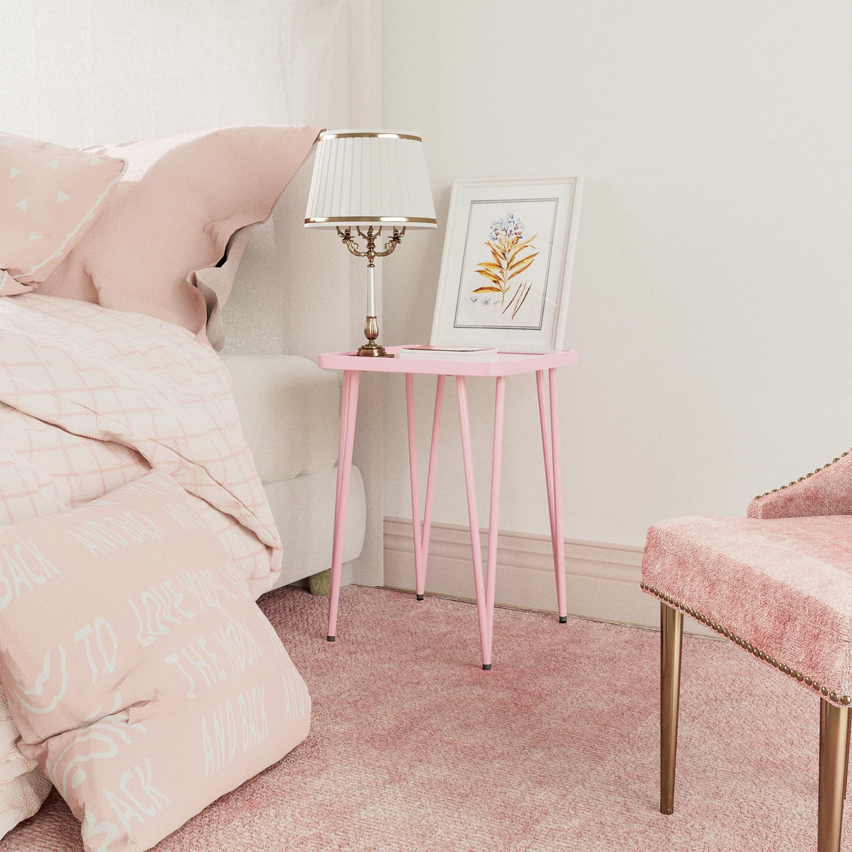 Table, Small Side Table for Small Spaces, Small Metal End Table, Easy Assembly Pink