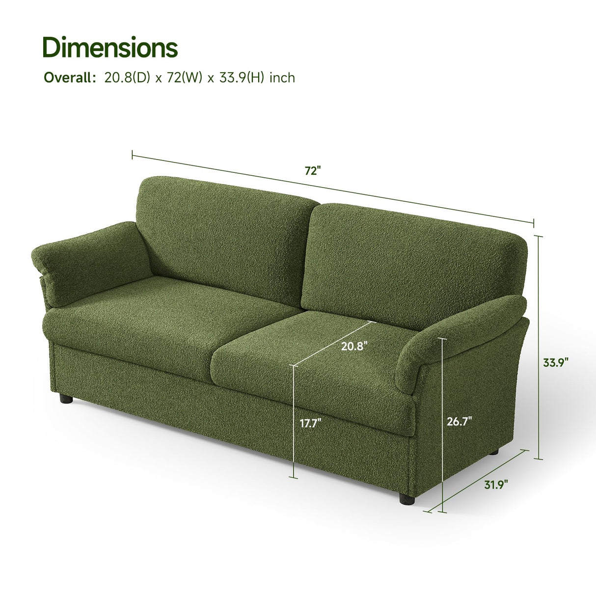 72" Loveseat Sofa Couches for Living Room, Modern Comfy Lambs Wool Fabric Wood Leg Small Couch with Deep Seats, 2 Seater Green Cloud Couch with Large Storage Space for Bedroom, Office, Apartment