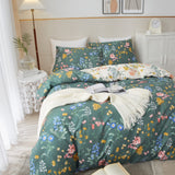 Green and White Floral Duvet Cover King 100% Cotton,Reversible Green Garden Flower