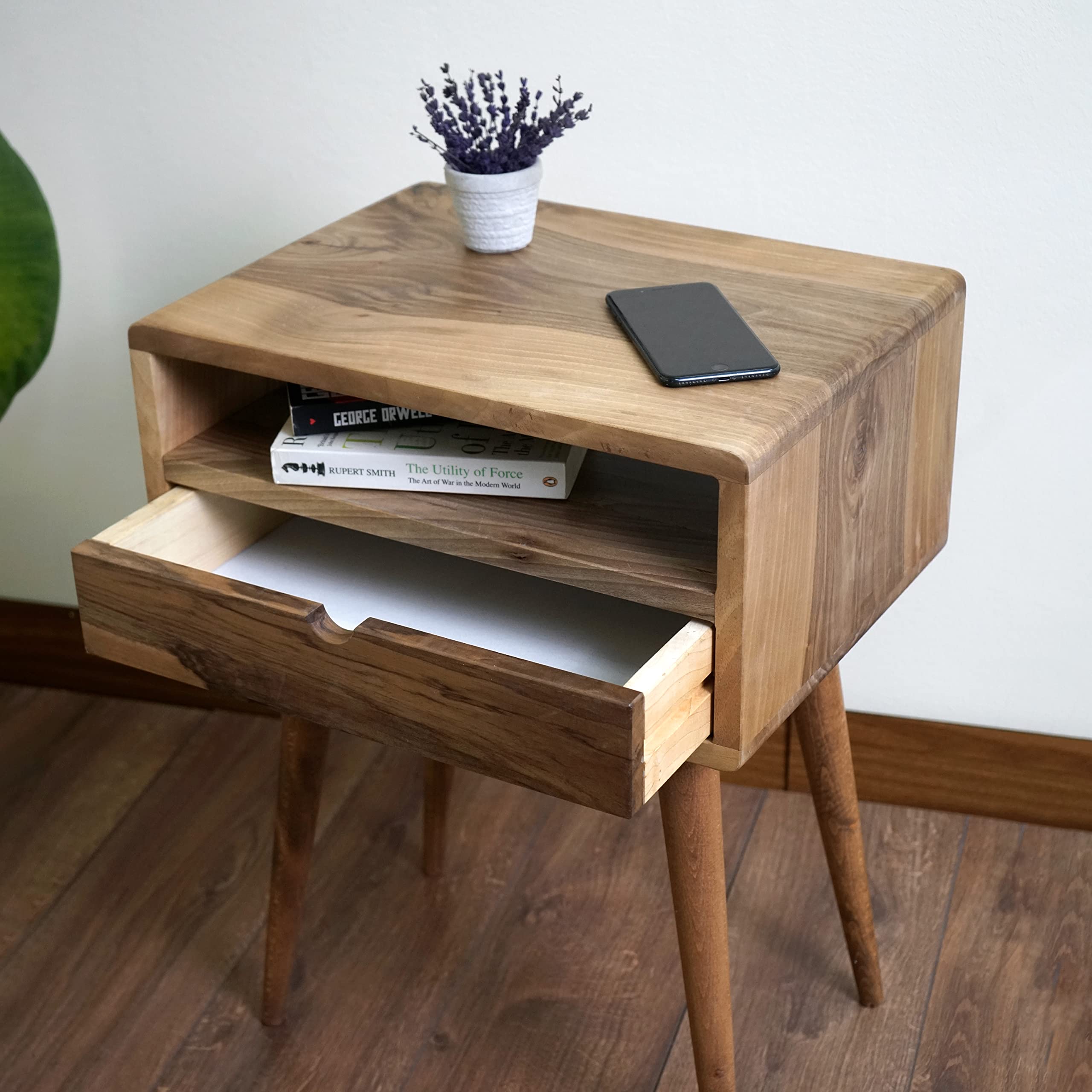 Mid Century Nightstand with Drawer Solid Walnut Bedside Table with Shelf Nightstand
