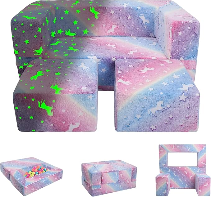 Kids Couch Modular Kids Play Couch, Glow in The Dark 3-in-1 Kids Sofa with Pockets for Girls Boys