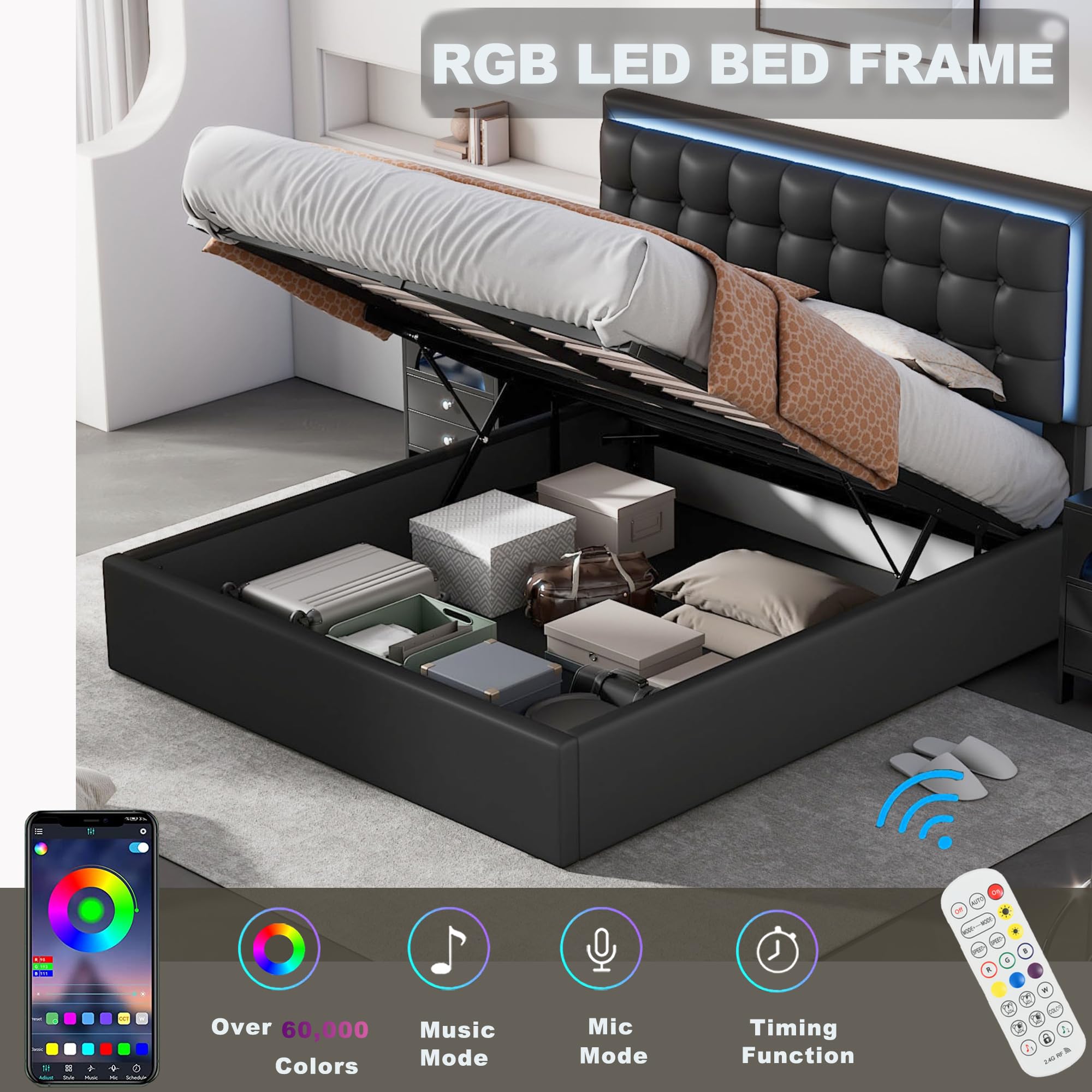 Queen Bed with Storage, LED Lights,Modern Tufted Upholstered Platform Bed