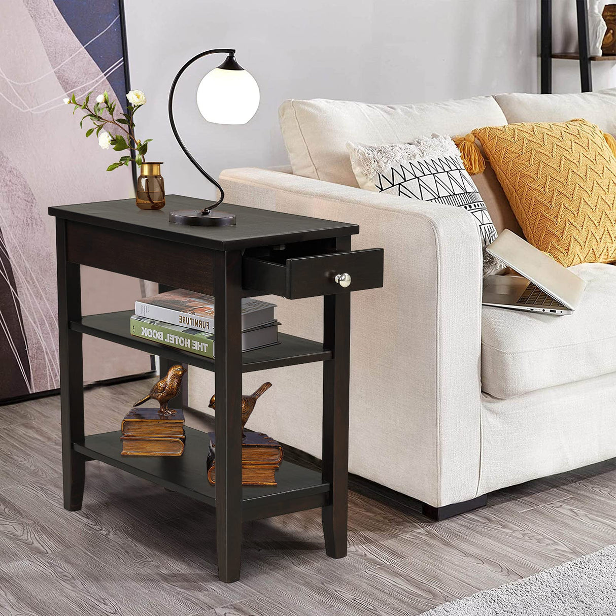 End Table with Drawer, Narrow Side Table with 2-Tier Open Storage Shelves