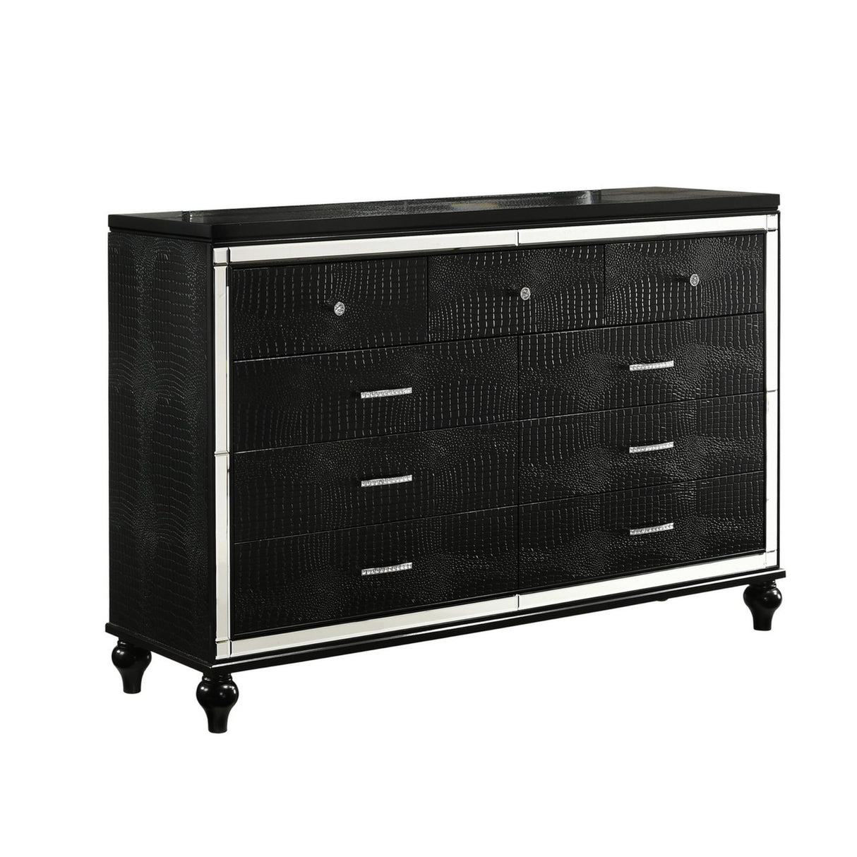 9 Drawer Wooden Dresser with Embossed Texture and Mirror Accents, Black