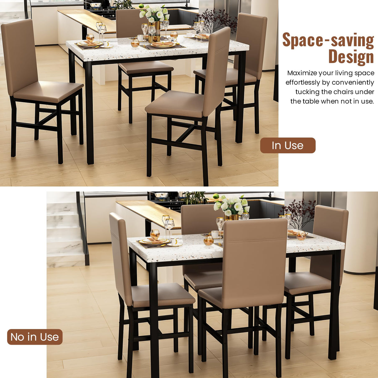 Dining Table Set for 4 with 4 PU Leather Chairs, 5-Piece Kitchen & Dining Room Sets,