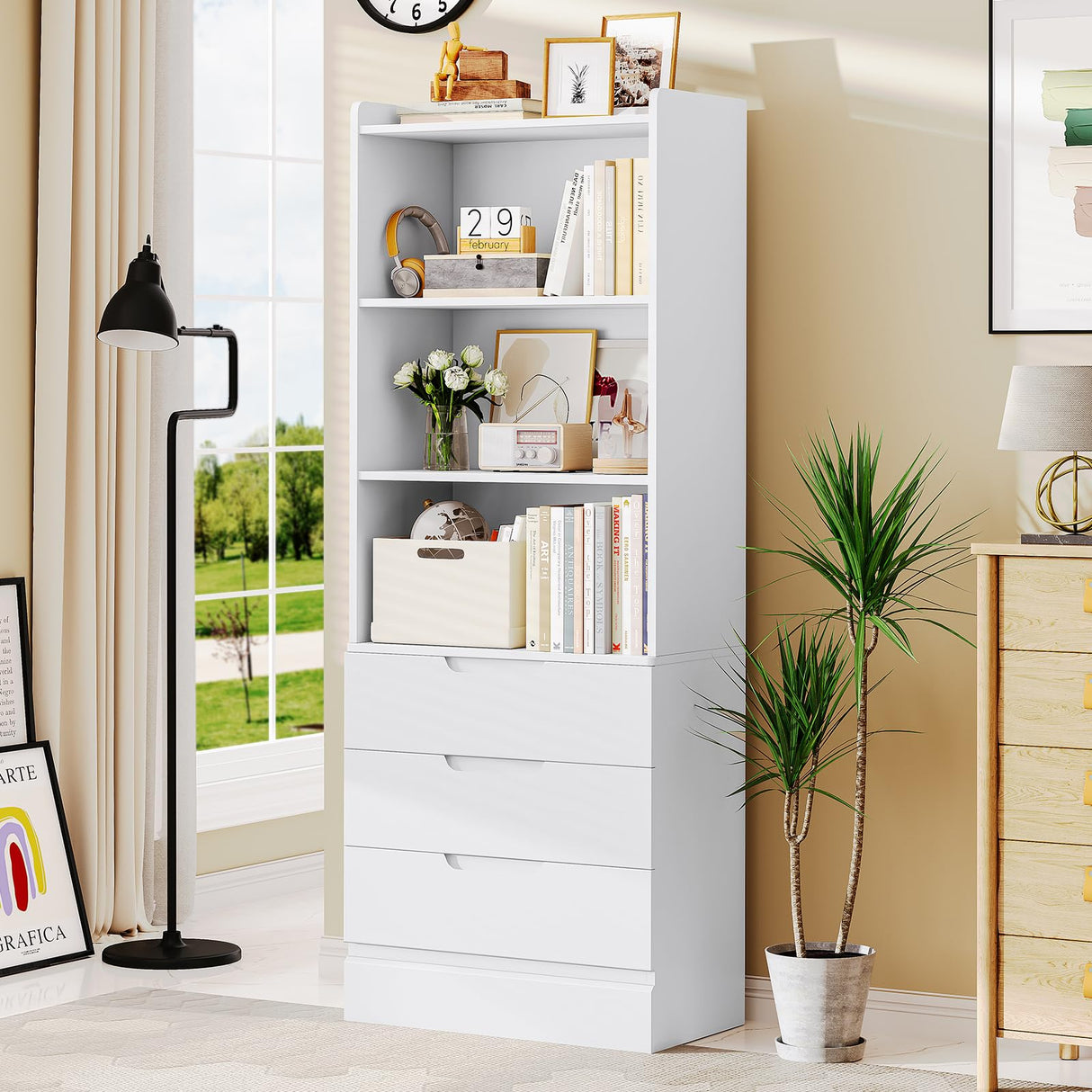 Tall Bookshelf with Drawers Bookcase with 3 Drawers and 3-Tier Open Shelves