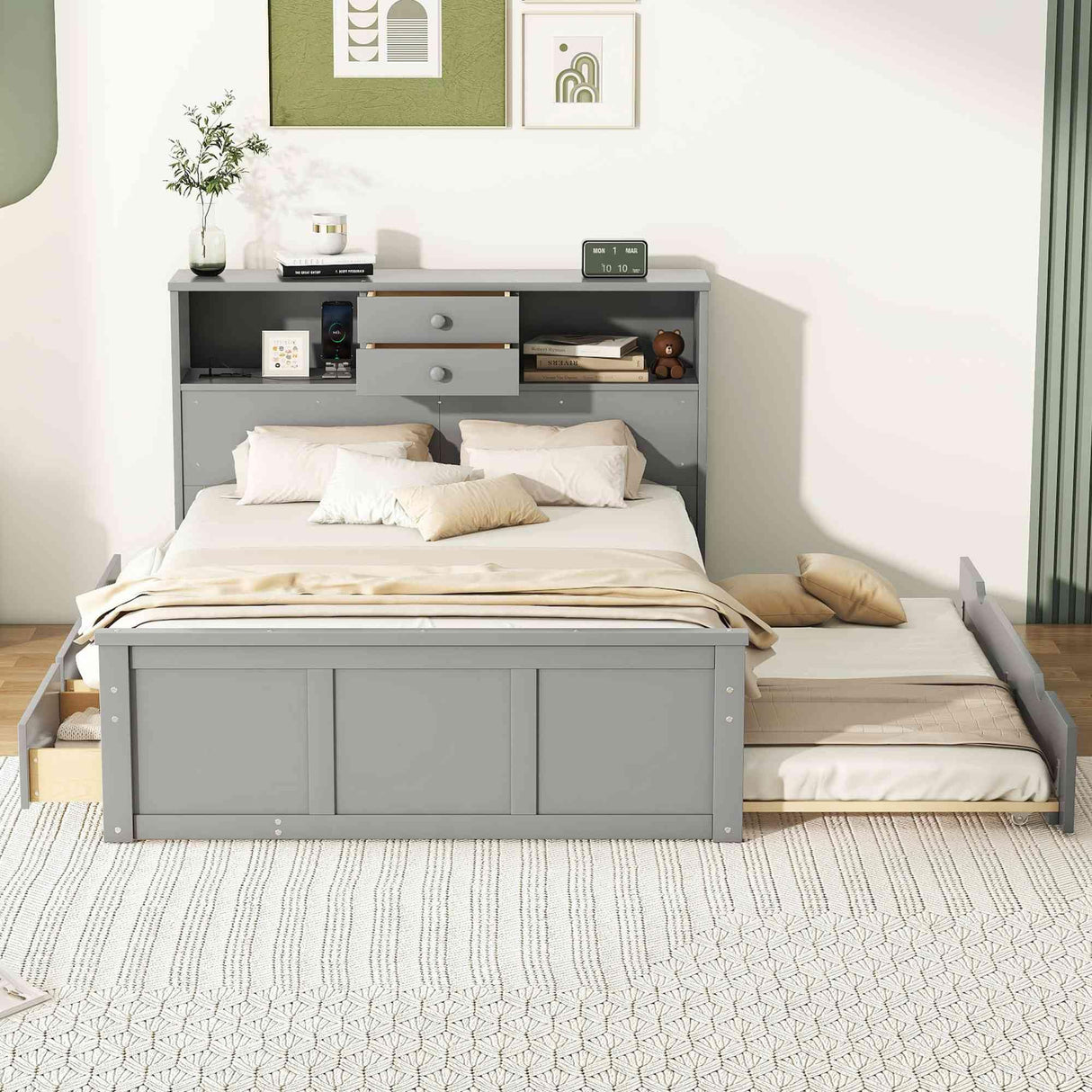 Platform Bed with 3 Drawers, Trundle and Charging Station, Wooden Bedframe w/Storage