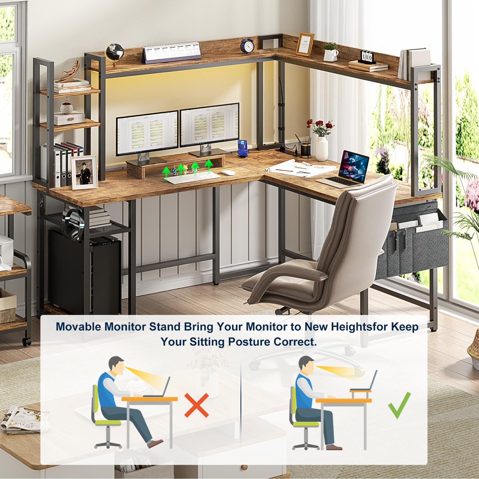 L Shaped Desk with Power Outlet, L Shaped Gaming Desk with Led Light & Hutch