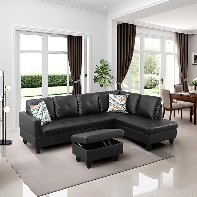 Linen L Shaped Sectional Couches with Storage Ottoman,3-Piece Living Room Sofa Set