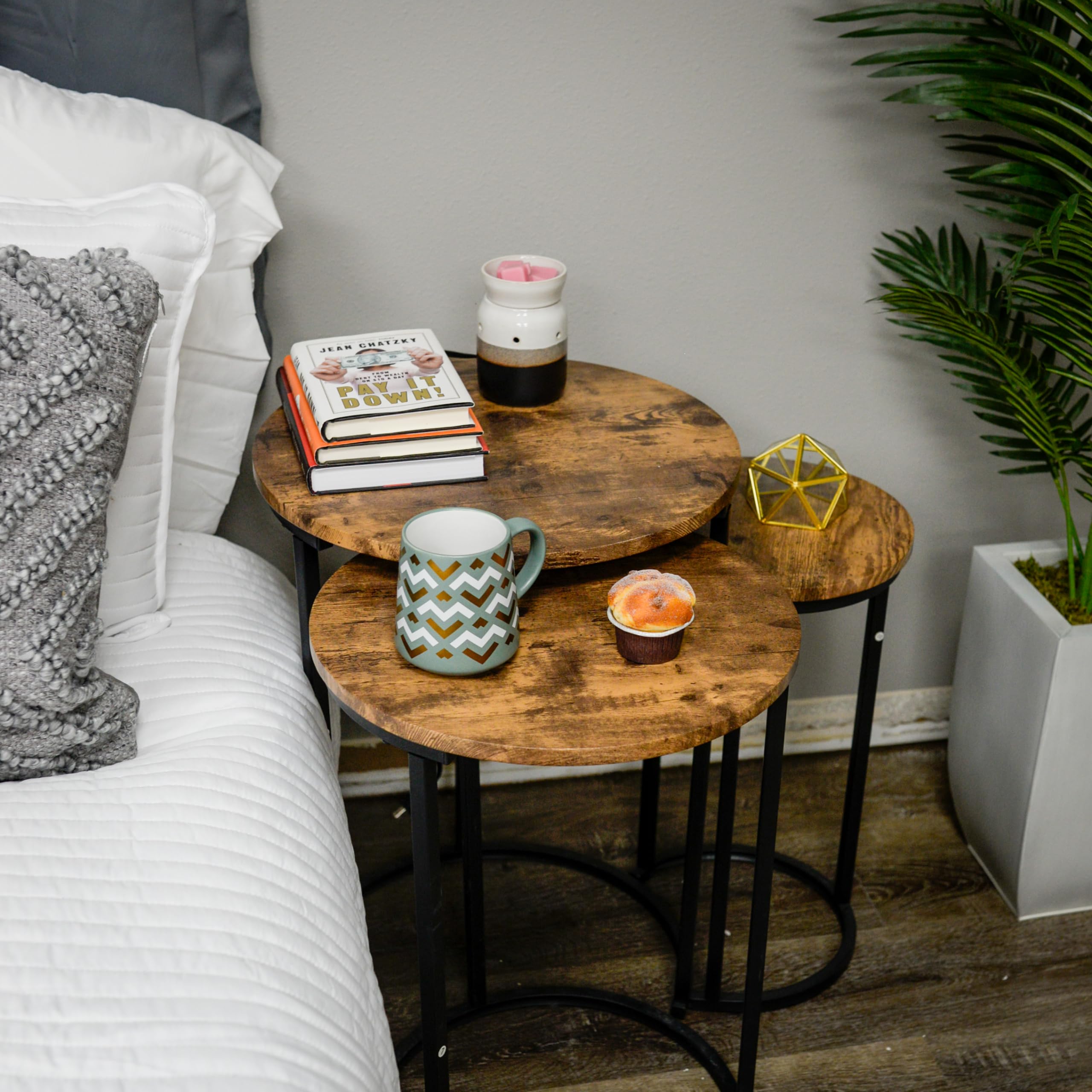 Nesting Tables Set of 3 - Wood Accent Nightstand Set Small Coffee Tables for Living