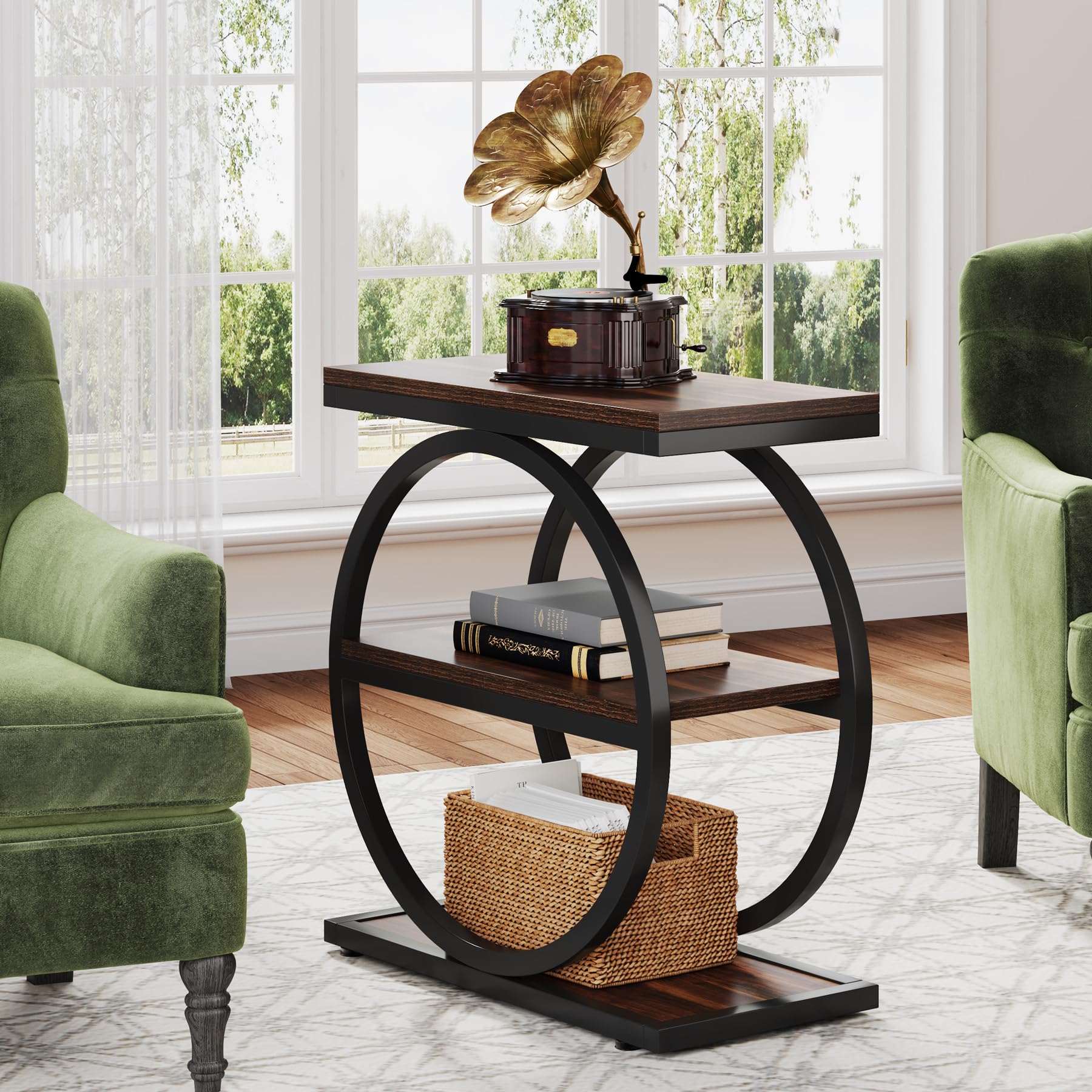 End Table, Narrow End Table with 3 Storage Shelves, Wood Side Table