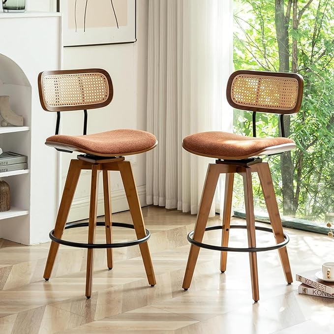 Rattan Bar Stools Set of 2, Faux Leather Counter Height Swivel Barstools