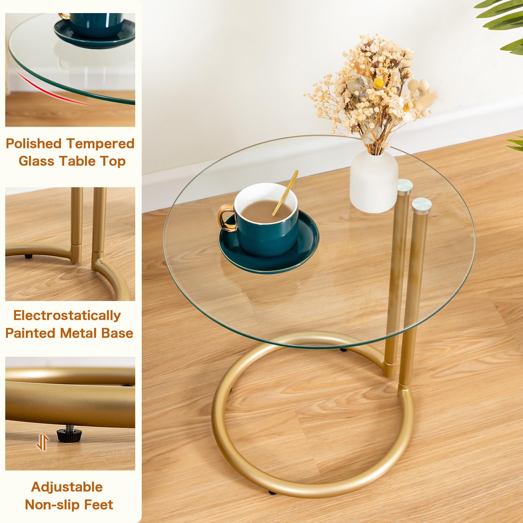 Gold End Table Modern, Round Side Table with Tempered Glass Top and Metal Stand