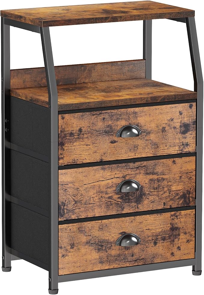 Nightstand with 3 Drawers and 2-Tier Shelf, Small Night Stand