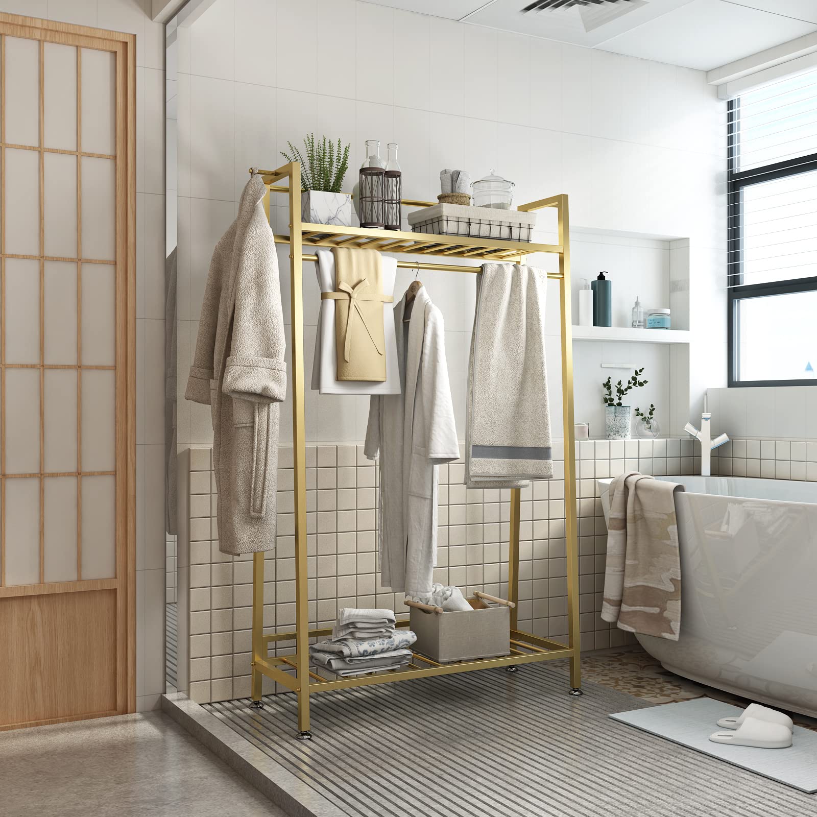 Gold Clothing Rack Modern Clothes Rack with 2- tier Shelf Clothes Display Racks