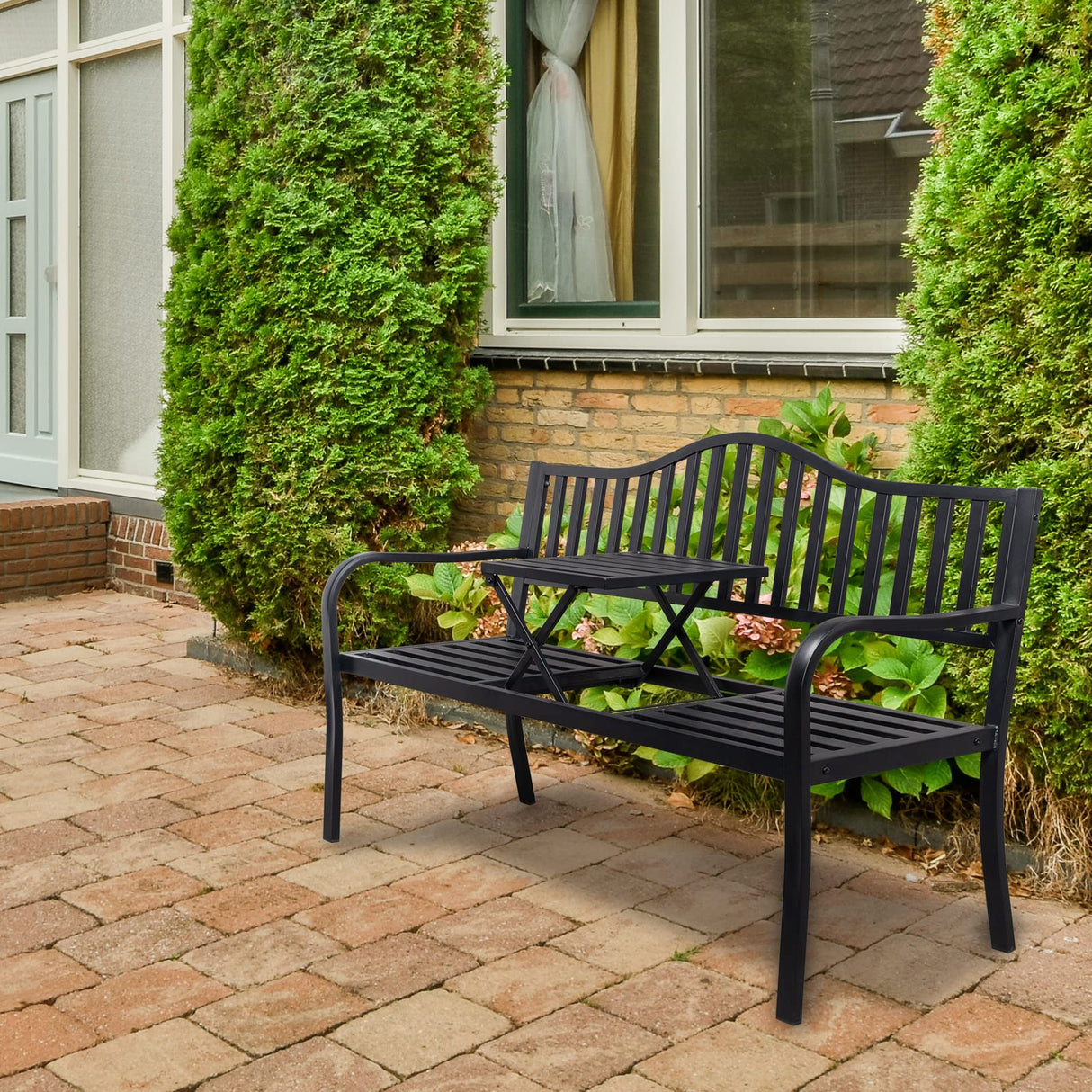 59" Outdoor Metal Bench Patio Bench with Built in Table Park Bench Garden Bench