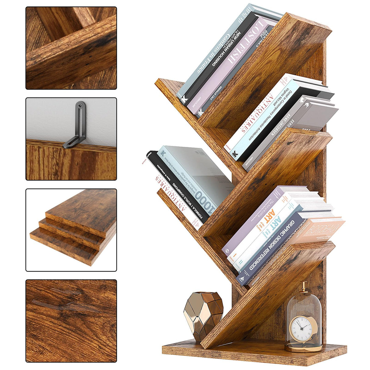 4 Tier Tree Bookshelf, Small Bookcase, Modern Wood Book Storage Rack