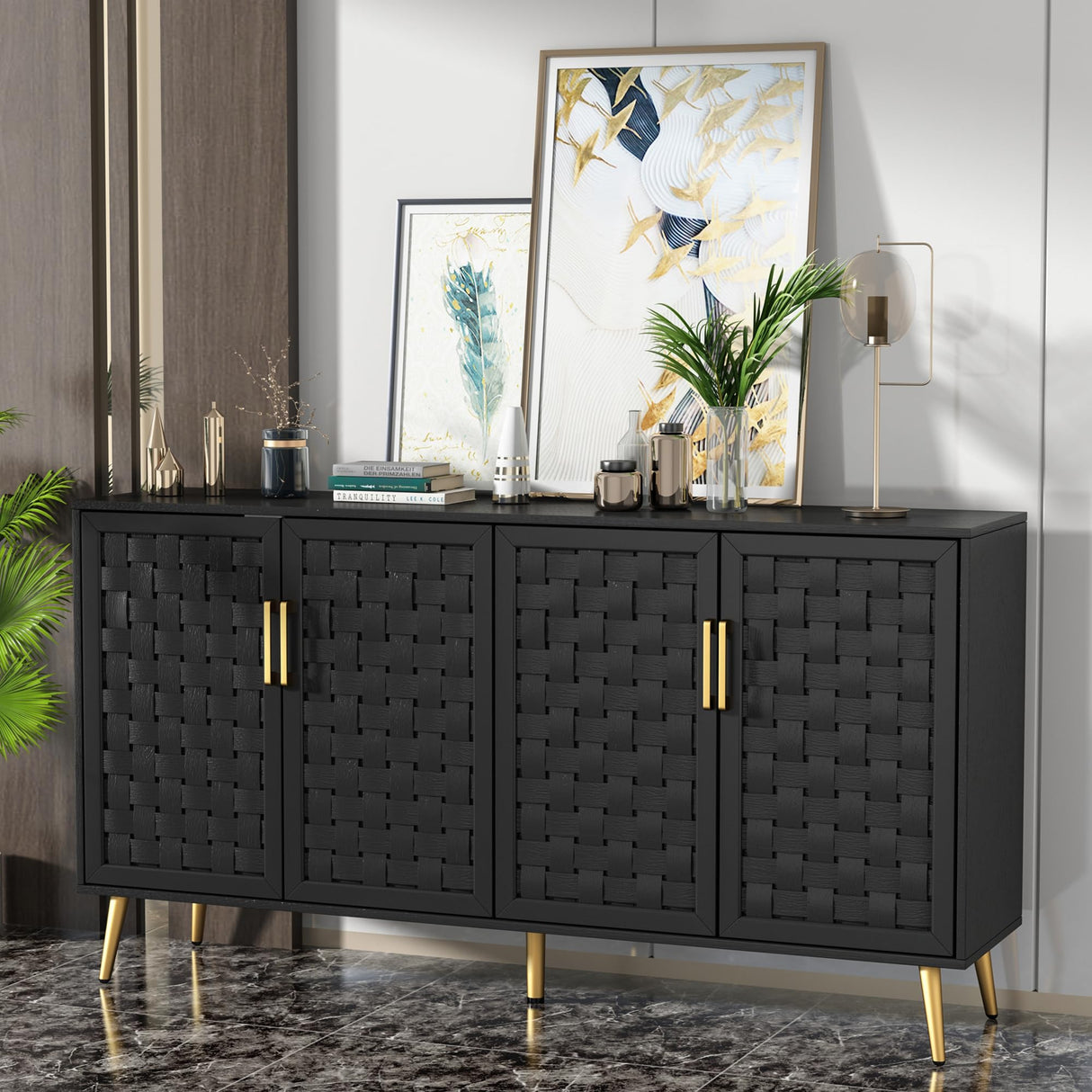 Buffet Cabinet with Storage, 4 Doors Accent Sideboard Cabinet, Modern Credenza with Adjustable Shelves Cupboard Console Table for Living Room, Kitchen, Dining Room, Hallway, Black