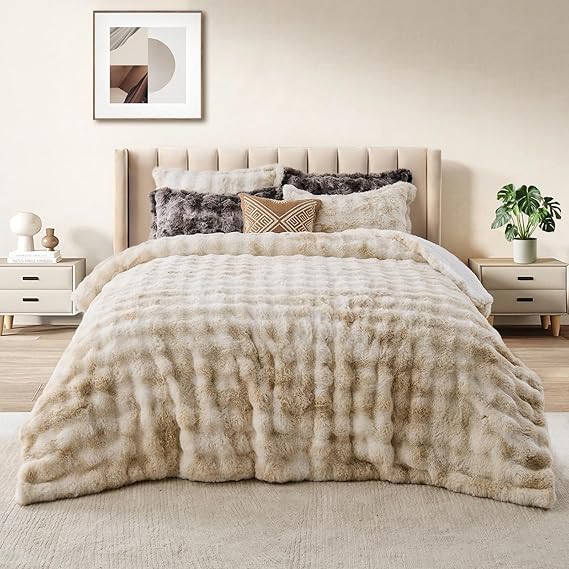 Faux Rabbit Fur Comforter Set Queen - Tie-Dye Brown