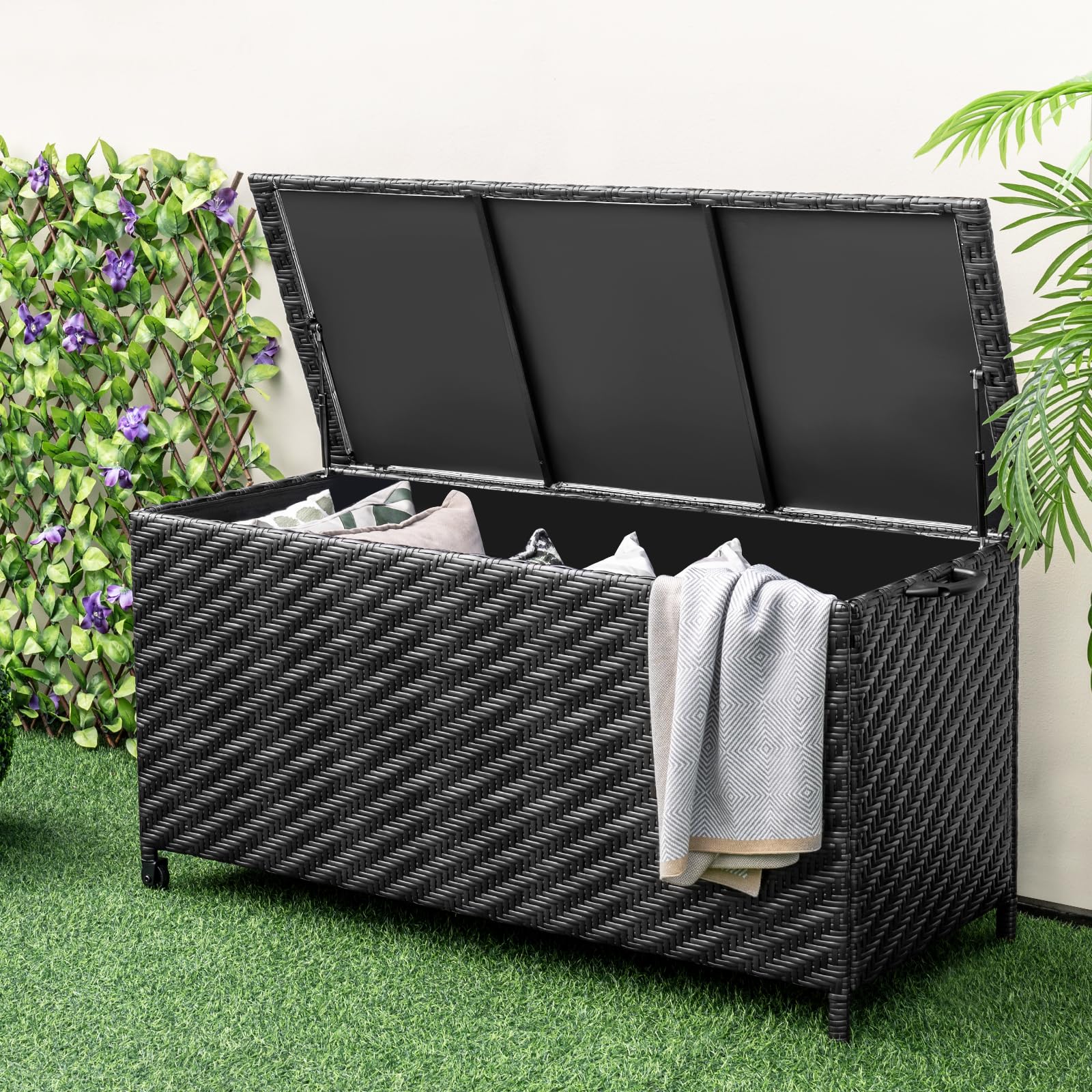 Tightly-Woven Rattan Deck Box, Patiojoy Storage Cabinet Container with Polyester Liner
